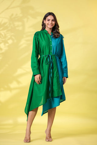 GREEN AND TEAL COLOBLOCKED HALF AND HALF ASSYMETRIC DRESS