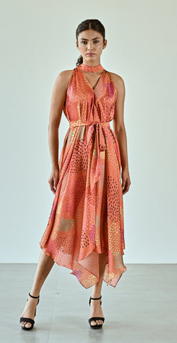 ORANGE PRINTED DRESS WITH BELT