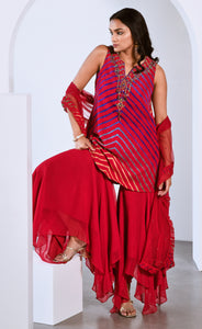 RED MULTI LEHERIYA SHARARA SET