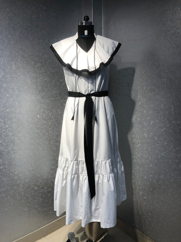 WHITE RUFFLE MIDI DRESS WITH BLACK BELT