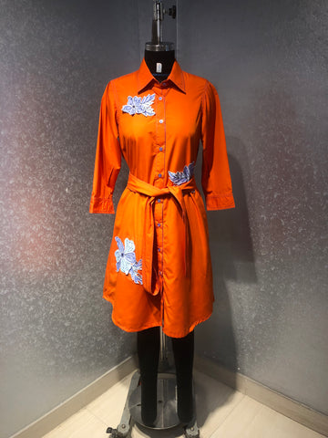 ORANGE FLORAL APPLIQUE COTTON SHIRT DRESS WITH TIE UP BELT