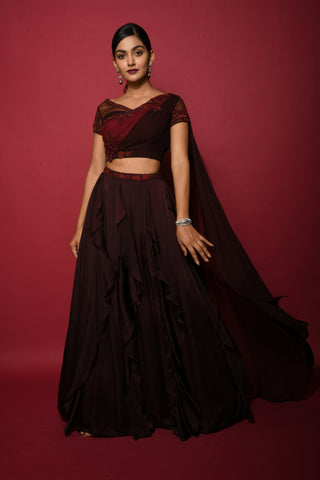 COLA MAROON OMBRE DRAPED LEHENGA