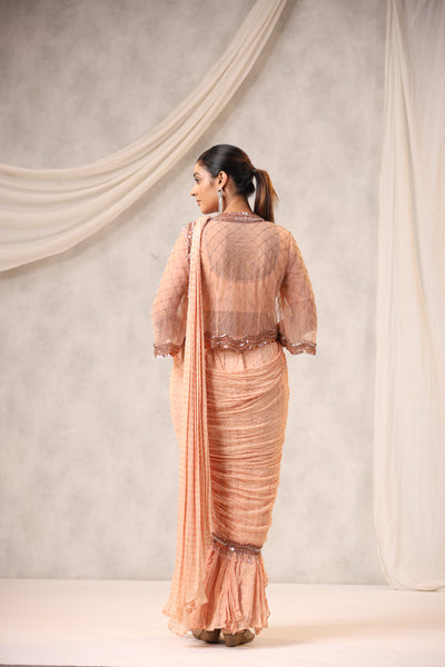 PEACH EMBROIDERED JACKET STYLE DRAPED SAREE