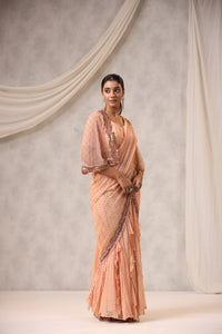 PEACH EMBROIDERED JACKET STYLE DRAPED SAREE