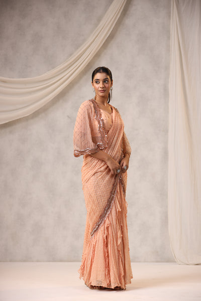 PEACH EMBROIDERED JACKET STYLE DRAPED SAREE