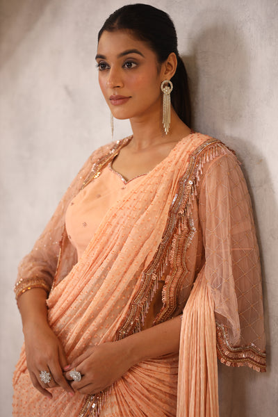 PEACH EMBROIDERED JACKET STYLE DRAPED SAREE