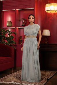 GATHERED GEORGETTE GOWN WITH EMBROIDERED BELT