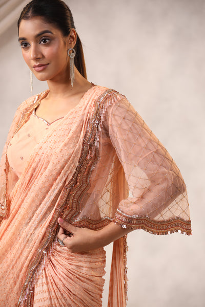 PEACH EMBROIDERED JACKET STYLE DRAPED SAREE