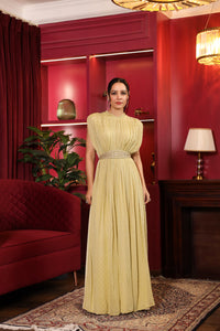 PISTACHIO GOLDEN GATHERED GEORGETTE GOWN WITH EMBROIDERED BELT