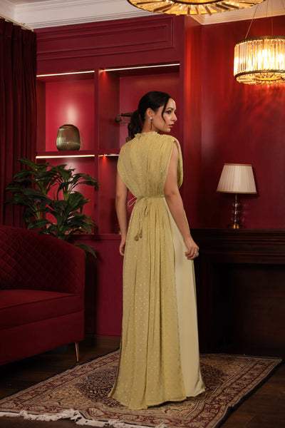 PISTACHIO GOLDEN GATHERED GEORGETTE GOWN WITH EMBROIDERED BELT