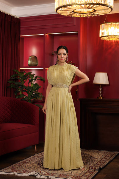 PISTACHIO GOLDEN GATHERED GEORGETTE GOWN WITH EMBROIDERED BELT