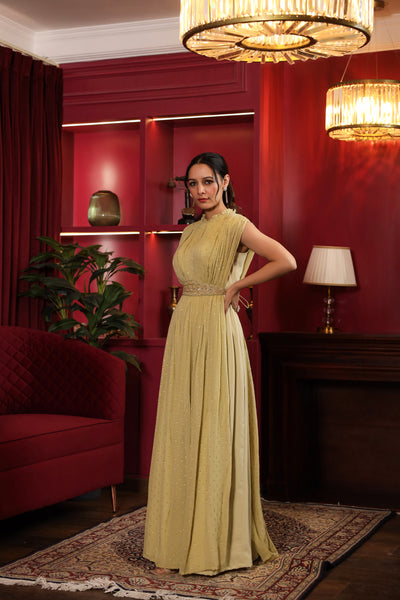 PISTACHIO GOLDEN GATHERED GEORGETTE GOWN WITH EMBROIDERED BELT