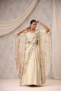 OFF WHITE CAPE STYLE EMBROIDERED LEHENGA SET