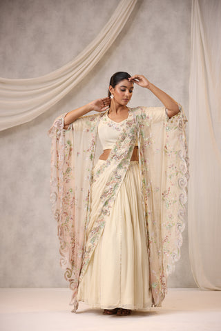 OFF WHITE CAPE STYLE EMBROIDERED LEHENGA SET