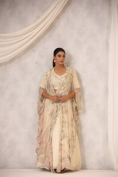 OFF WHITE CAPE STYLE EMBROIDERED LEHENGA SET