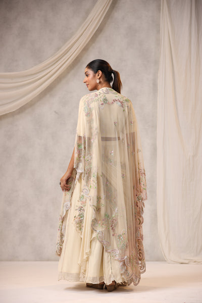 OFF WHITE CAPE STYLE EMBROIDERED LEHENGA SET