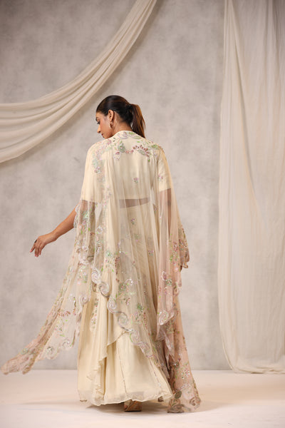 OFF WHITE CAPE STYLE EMBROIDERED LEHENGA SET