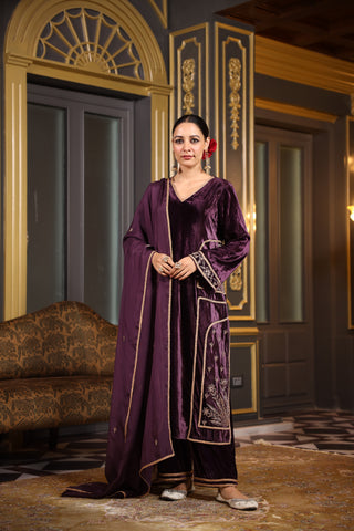 WINE VELVET KURTA SET