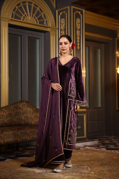 WINE VELVET KURTA SET