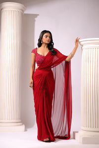 MAROON DRAPE SAREE WITH APPLIQUE FLORAL WORK BLOUSE