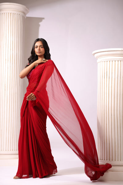 MAROON DRAPE SAREE WITH APPLIQUE FLORAL WORK BLOUSE