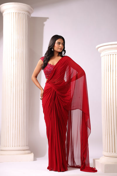 MAROON DRAPE SAREE WITH APPLIQUE FLORAL WORK BLOUSE