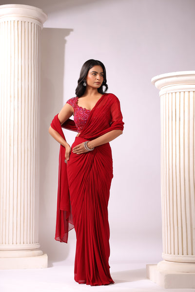 MAROON DRAPE SAREE WITH APPLIQUE FLORAL WORK BLOUSE