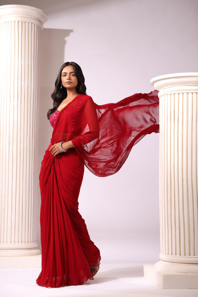 MAROON DRAPE SAREE WITH APPLIQUE FLORAL WORK BLOUSE