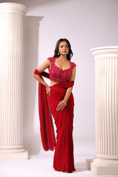 MAROON DRAPE SAREE WITH APPLIQUE FLORAL WORK BLOUSE