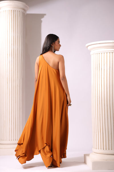 ORANGE ONE SHOULDER APPLIQUE ASSYMETRIC DRESS