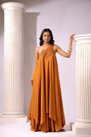 ORANGE ONE SHOULDER APPLIQUE ASSYMETRIC DRESS