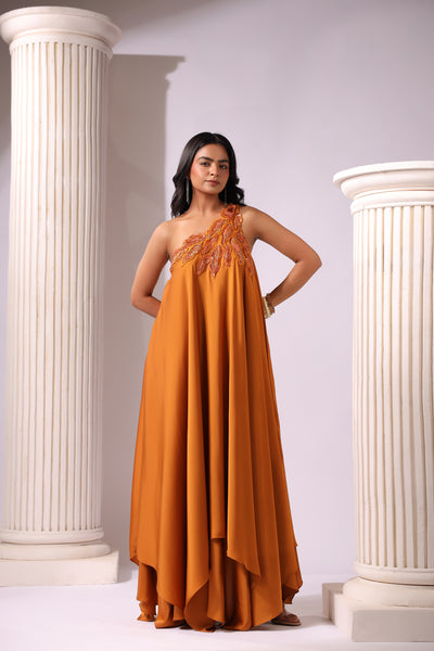 ORANGE ONE SHOULDER APPLIQUE ASSYMETRIC DRESS