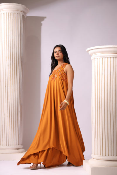 ORANGE ONE SHOULDER APPLIQUE ASSYMETRIC DRESS