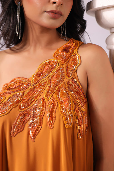 ORANGE ONE SHOULDER APPLIQUE ASSYMETRIC DRESS