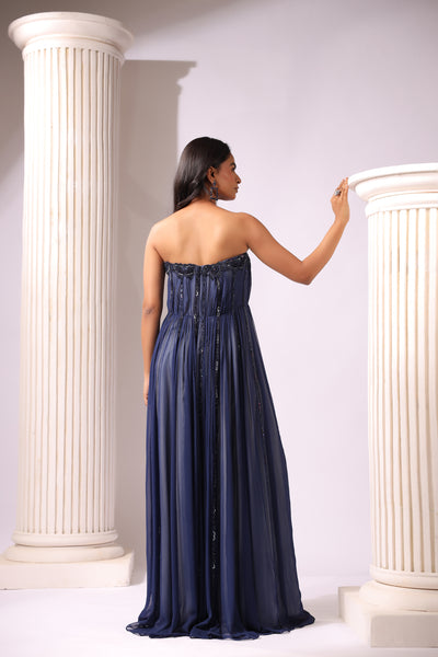 NAVY BLUE EMBROIDERED STRAPLESS  EMBROIDERED GOWN