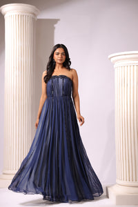 NAVY BLUE EMBROIDERED STRAPLESS  EMBROIDERED GOWN