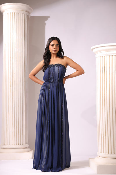 NAVY BLUE EMBROIDERED STRAPLESS  EMBROIDERED GOWN