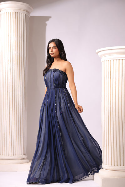 NAVY BLUE EMBROIDERED STRAPLESS  EMBROIDERED GOWN