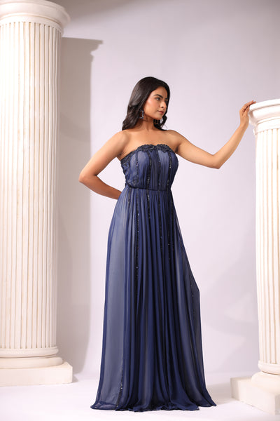 NAVY BLUE EMBROIDERED STRAPLESS  EMBROIDERED GOWN