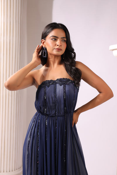 NAVY BLUE EMBROIDERED STRAPLESS  EMBROIDERED GOWN