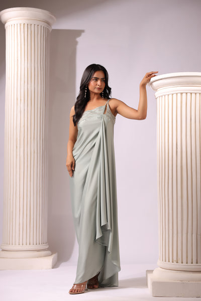 ONE SHOULDER PEARL DRAPED DRESS