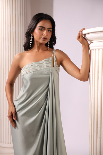 ONE SHOULDER PEARL DRAPED DRESS