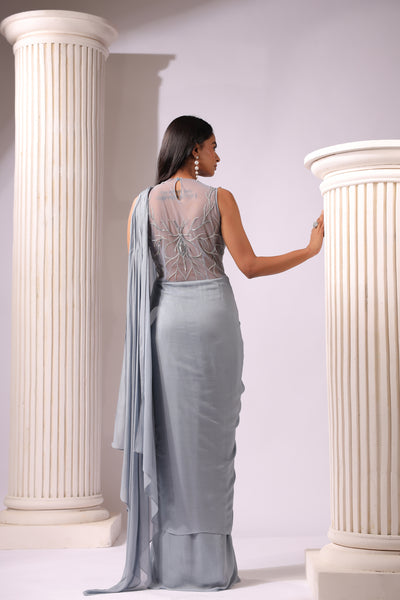 GREY CORSET STYLE 3D WORK DRAPE SAREE