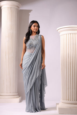 GREY CORSET STYLE 3D WORK DRAPE SAREE