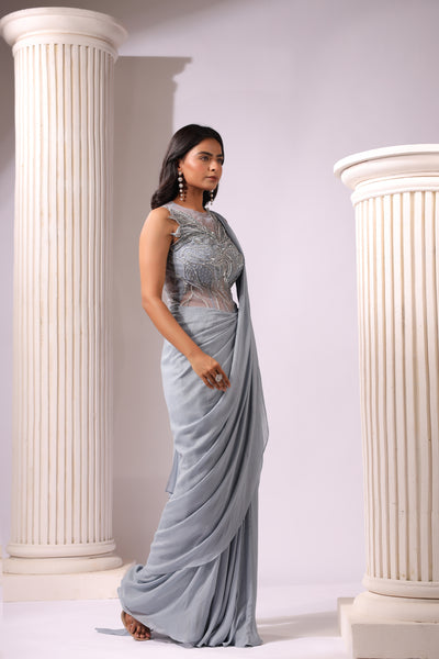 GREY CORSET STYLE 3D WORK DRAPE SAREE