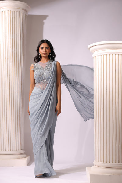 GREY CORSET STYLE 3D WORK DRAPE SAREE