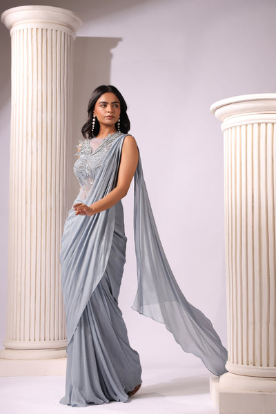 GREY CORSET STYLE 3D WORK DRAPE SAREE