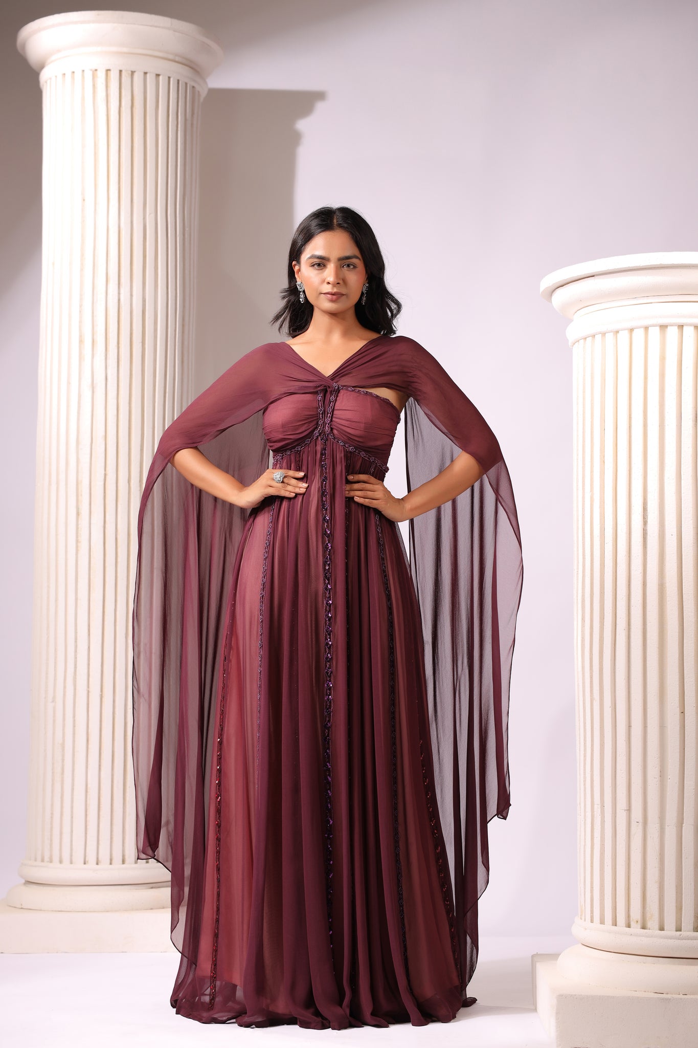 WINE EMBROIDERD DRAPED GOWN