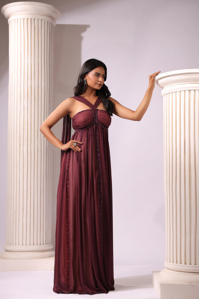 WINE EMBROIDERD DRAPED GOWN