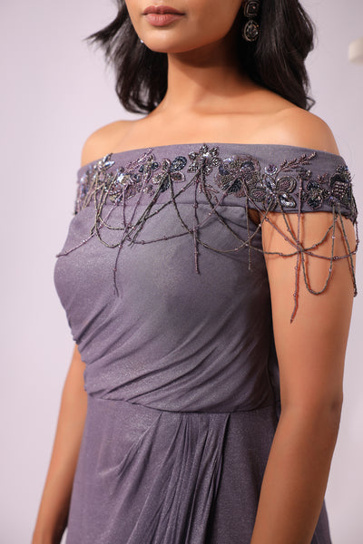 VOILET GEORGETTE GOWN WITH FLORAL EMBROIDERY AROUND THE WAIST